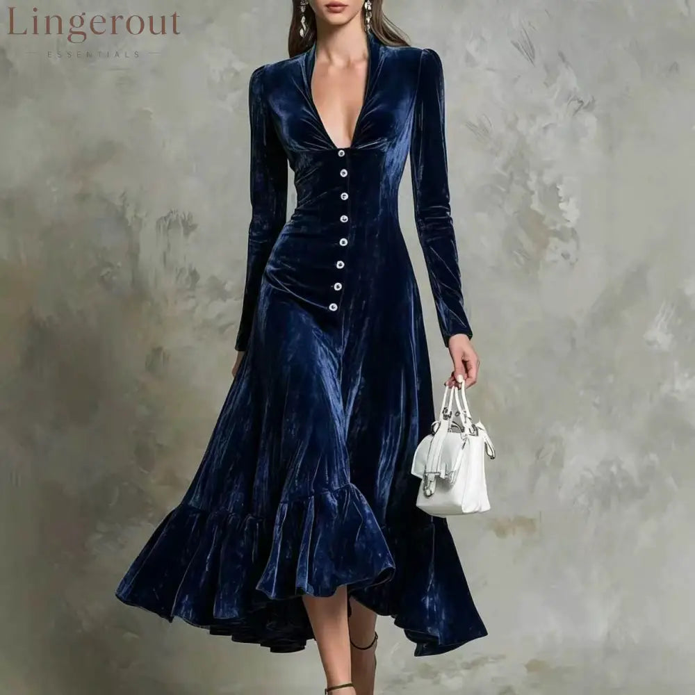 Button-Front Velvet Midi Dress - Navy / S