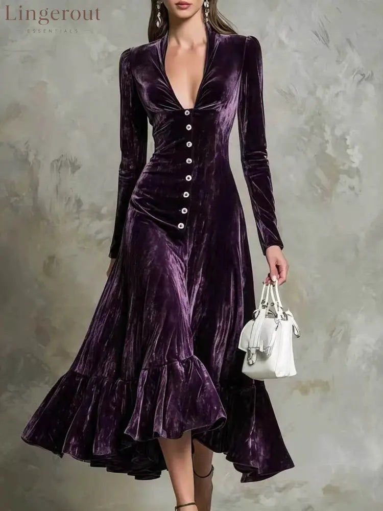Button-Front Velvet Midi Dress - Purple / S