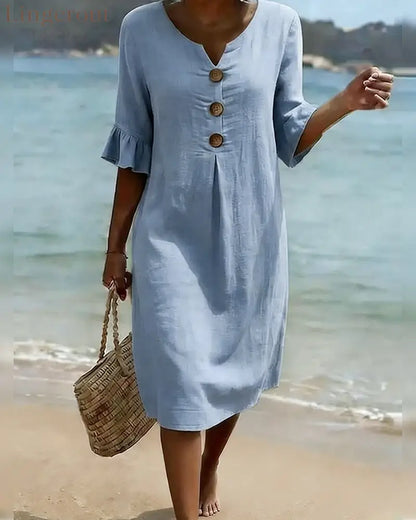 Button Ruffle Sleeve 100% Cotton Dress - Blue / S - Dresses