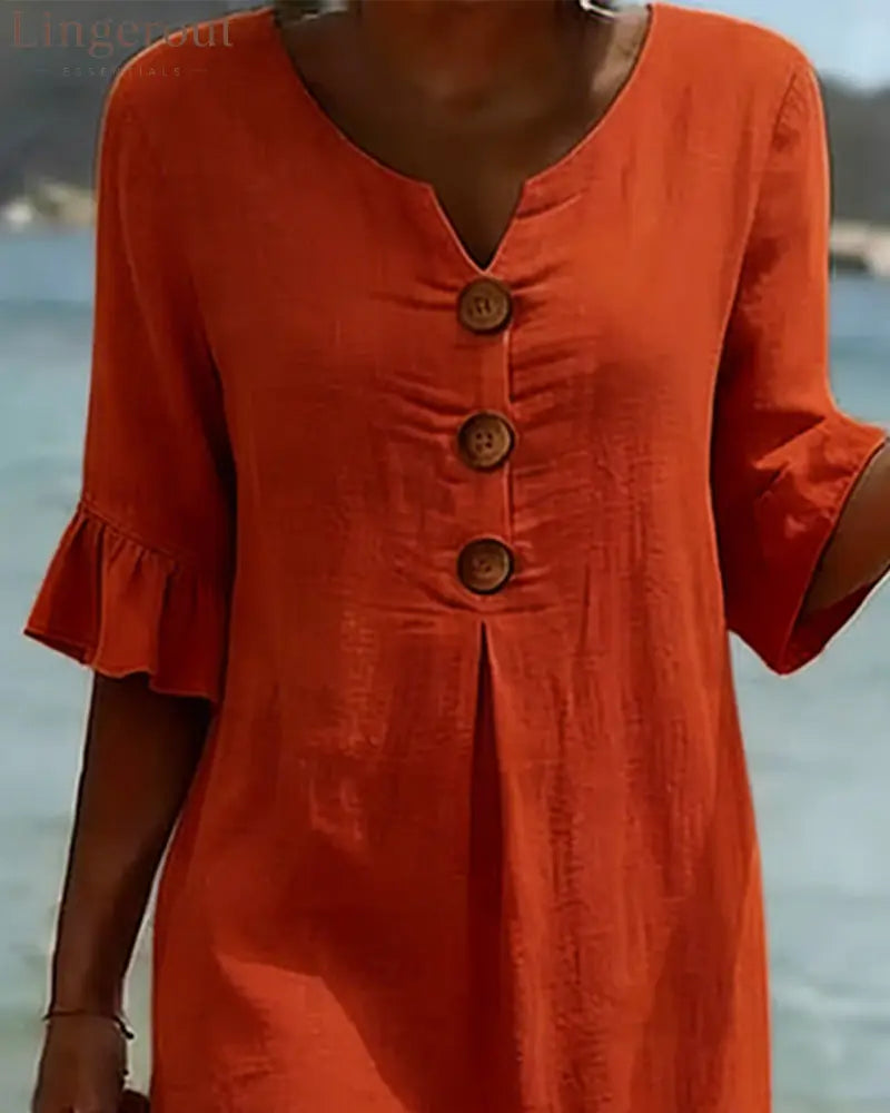 Button Ruffle Sleeve 100% Cotton Dress - Dresses