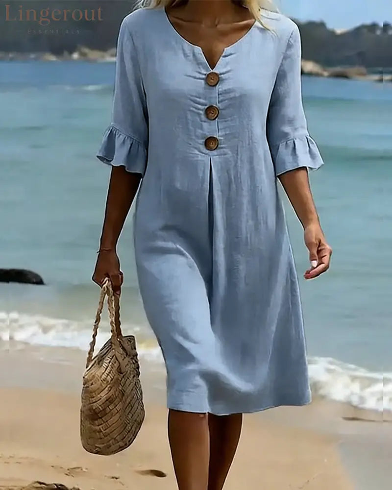 Button Ruffle Sleeve 100% Cotton Dress - Dresses