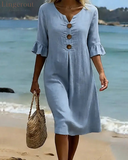 Button Ruffle Sleeve 100% Cotton Dress - Dresses