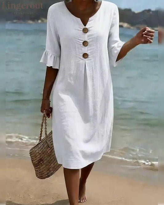 Button Ruffle Sleeve 100% Cotton Dress - White / S - Dresses