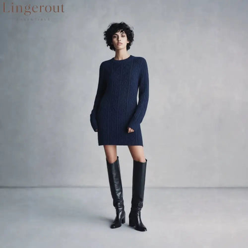 Cable Knit Crew Neck Long Sleeve Mini Sweater Dress