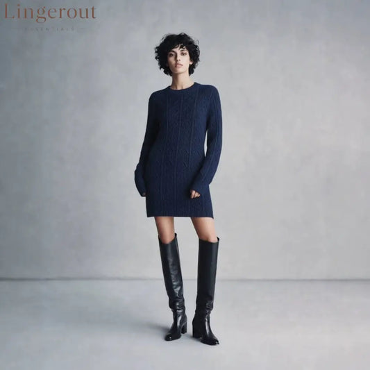 Cable Knit Crew Neck Long Sleeve Mini Sweater Dress