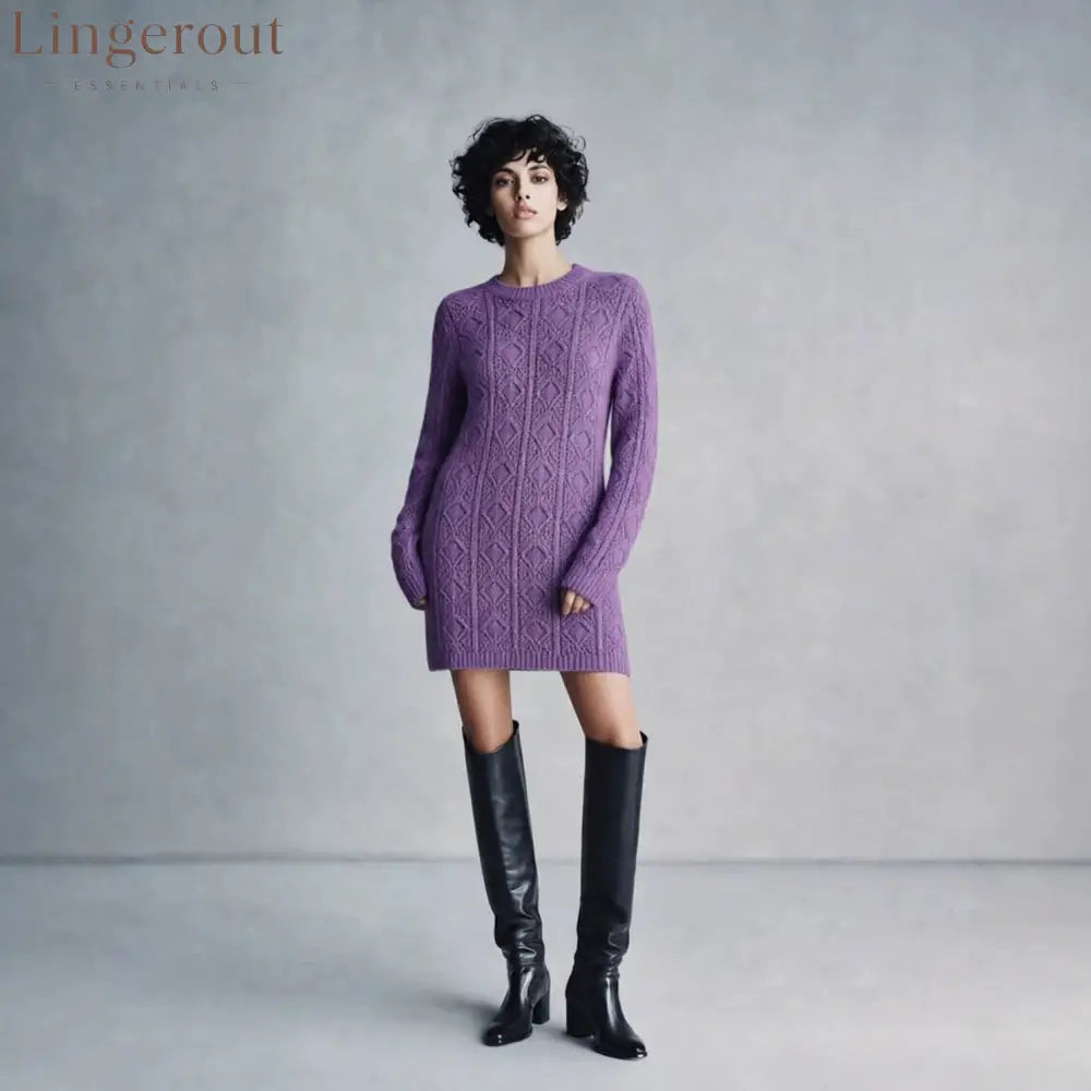 Cable Knit Crew Neck Long Sleeve Mini Sweater Dress