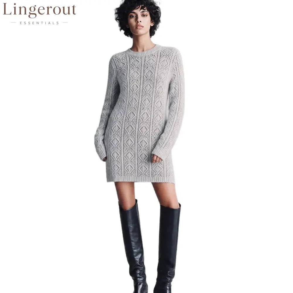 Cable Knit Crew Neck Long Sleeve Mini Sweater Dress