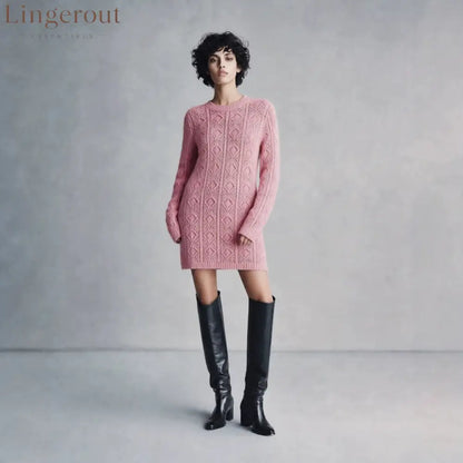 Cable Knit Crew Neck Long Sleeve Mini Sweater Dress