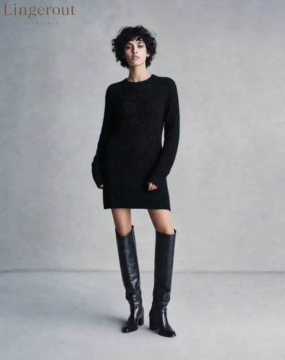 Cable Knit Crew Neck Long Sleeve Mini Sweater Dress - Black / S