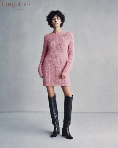 Cable Knit Crew Neck Long Sleeve Mini Sweater Dress - Pink / S