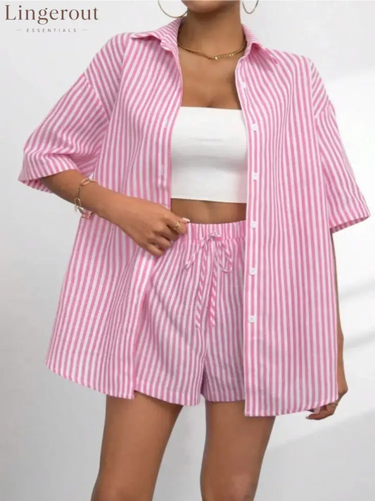 Caitlin Striped Button Up Shirt and Shorts Set - Pink / S