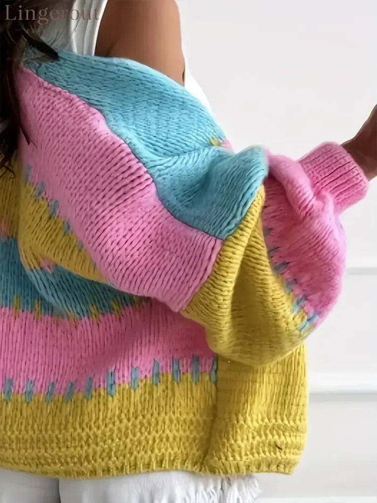 Candy Cloud Cardigan – oversized color block knit in fuchsia, pink, yellow, and blue.