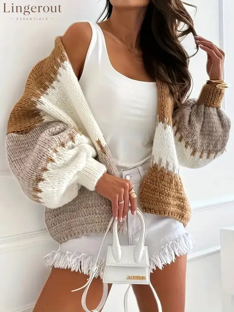 Candy Cloud Cardigan – oversized color block knit in khaki, beige, and cream.