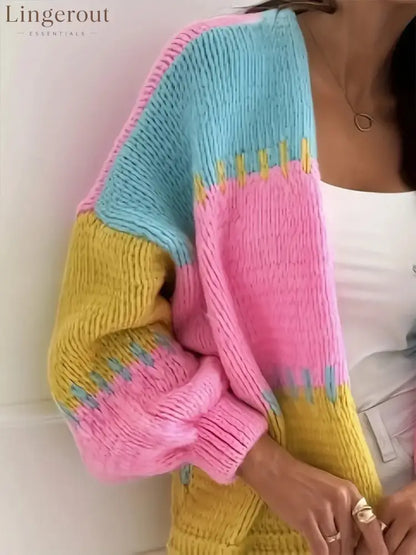 Candy Cloud Cardigan – oversized color block knit in fuchsia, pink, yellow, and blue.