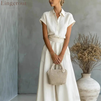 Cap Sleeve Collared Shirt & High Waist Wide Leg Pants Two Piece Set