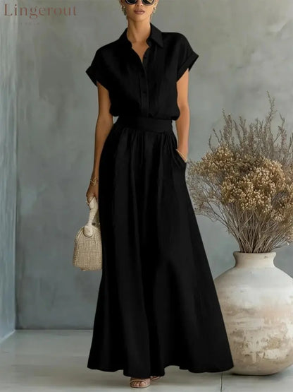 Cap Sleeve Collared Shirt & High Waist Wide Leg Pants Two Piece Set - Black / S