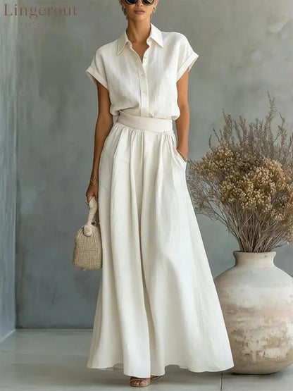Cap Sleeve Collared Shirt & High Waist Wide Leg Pants Two Piece Set - Milky / S