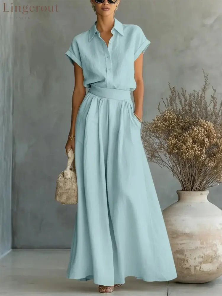 Cap Sleeve Collared Shirt & High Waist Wide Leg Pants Two Piece Set - Sky blue / S