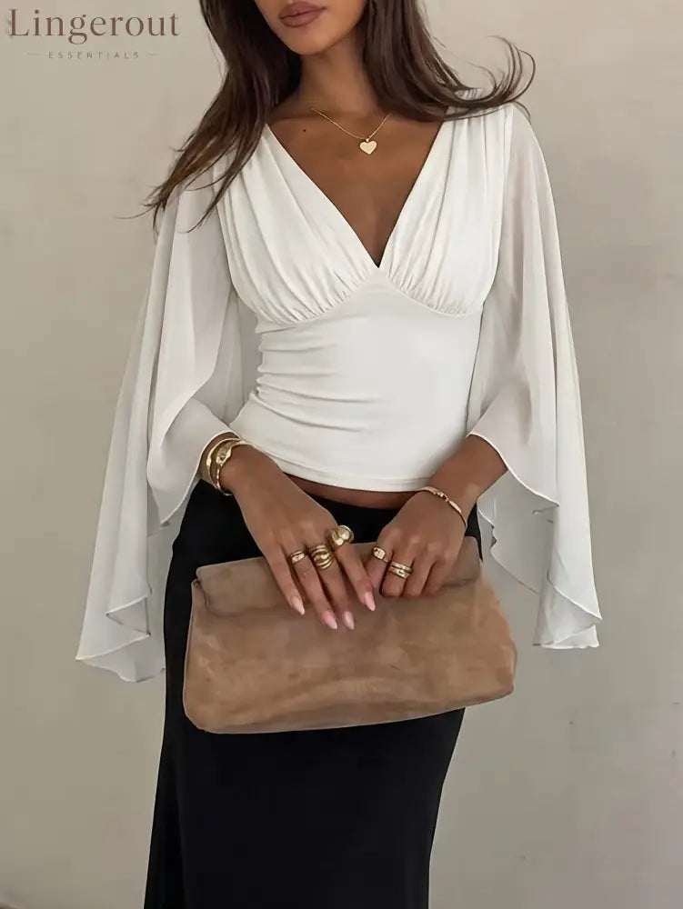 Cape-Sleeve Ruched V-Neck Top