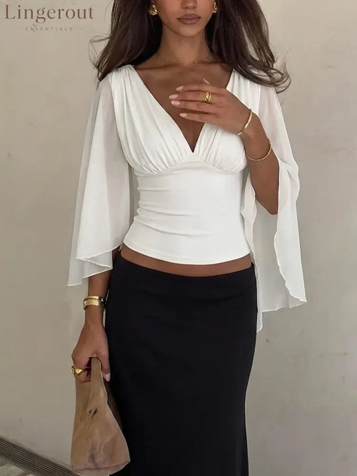 Cape-Sleeve Ruched V-Neck Top