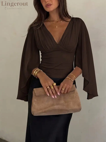 Cape-Sleeve Ruched V-Neck Top - Coffee / S