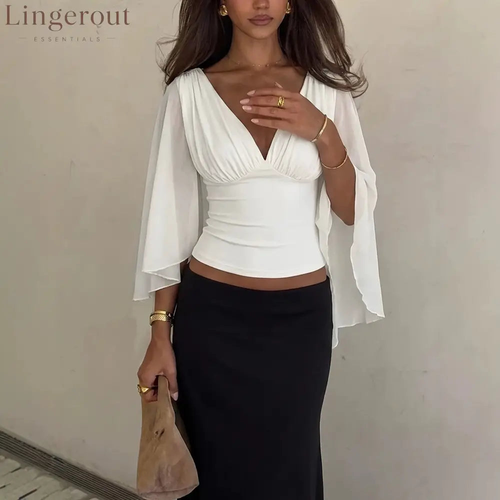 Cape-Sleeve Ruched V-Neck Top - White / S