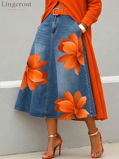 Casual Artistic Floral-print A-line Denim Skirt - Orange / S