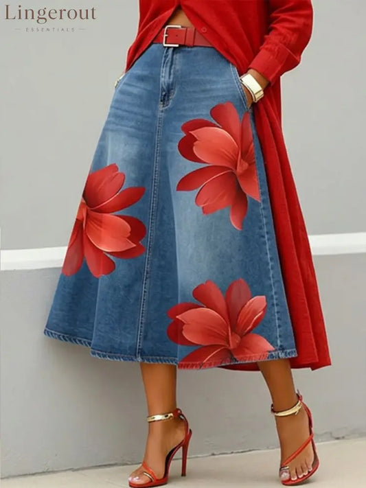 Casual Artistic Floral-print A-line Denim Skirt - Red / S