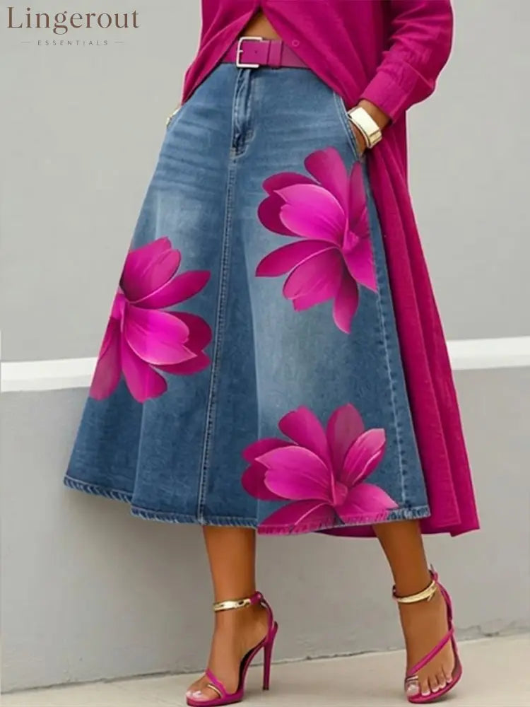 Casual Artistic Floral-print A-line Denim Skirt - RoseRed / S