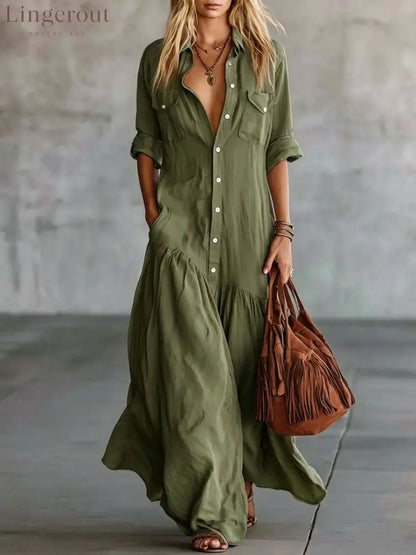 Casual Beach Vacation Chambray Dress - Army green / S