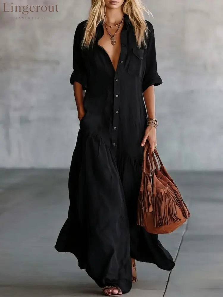 Casual Beach Vacation Chambray Dress - Black / S