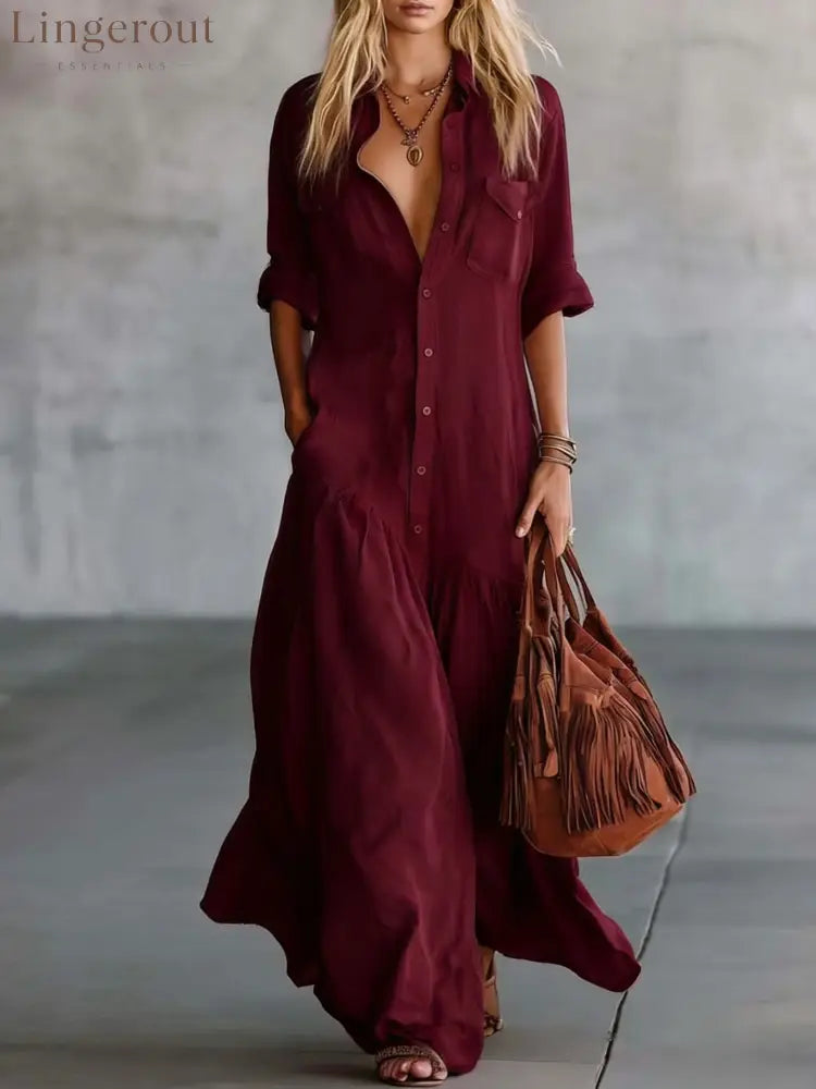 Casual Beach Vacation Chambray Dress - Claret / S