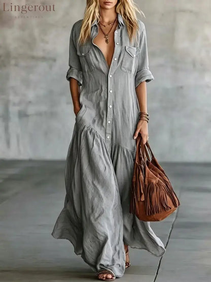 Casual Beach Vacation Chambray Dress - Grey / S