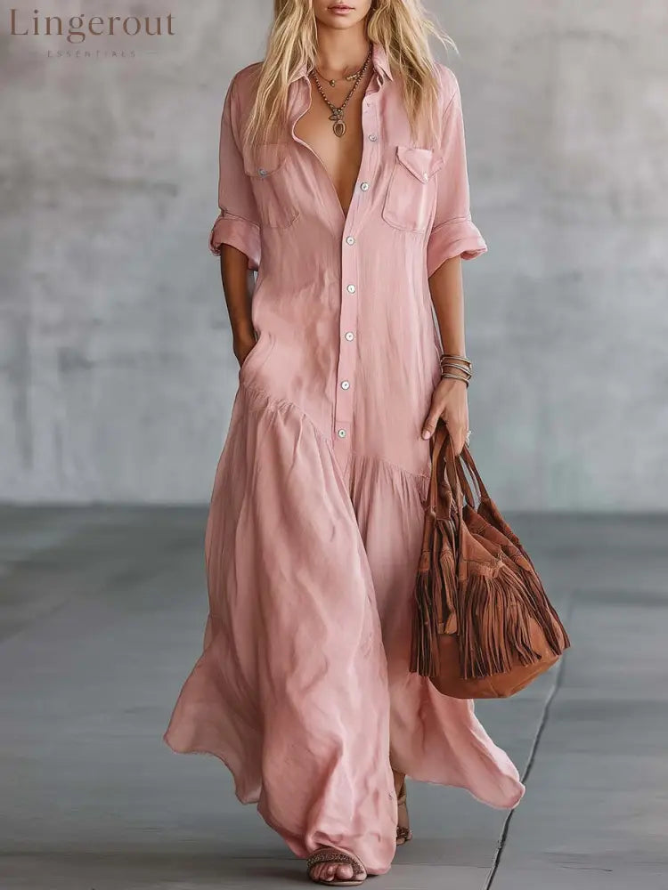 Casual Beach Vacation Chambray Dress - Pink / S