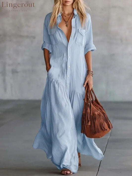 Casual Beach Vacation Chambray Dress - Sky blue / S