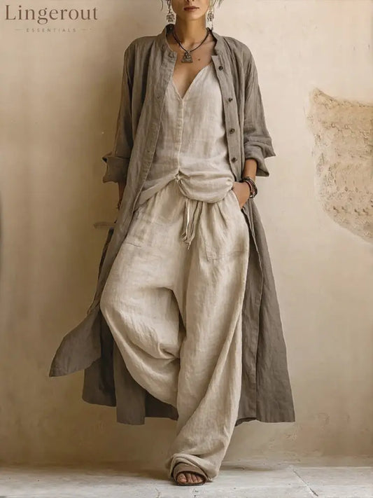 Casual Bohemian Linen And Cotton Long Cardigan And Sleeveless Top And Pants Three-piece Set - Sand / S