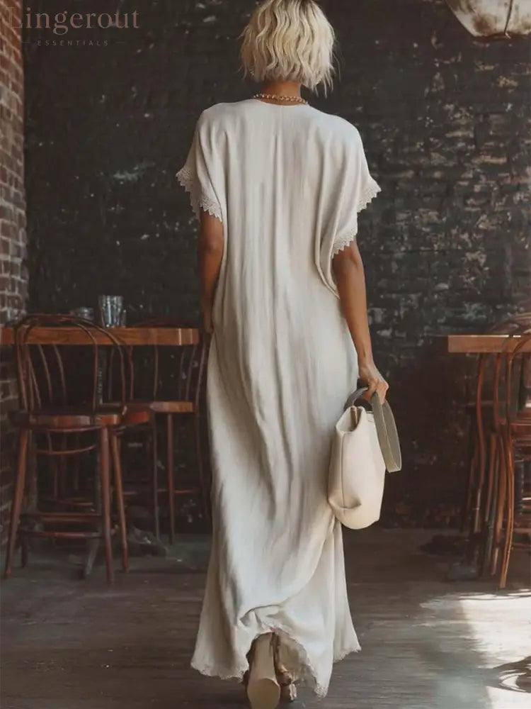 Casual Bohemian Urban V-neck Short-sleeved Lace Trim White Cotton Maxi Dress