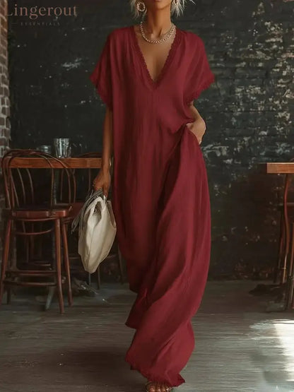 Casual Bohemian Urban V-neck Short-sleeved Lace Trim White Cotton Maxi Dress - Burgundy / S