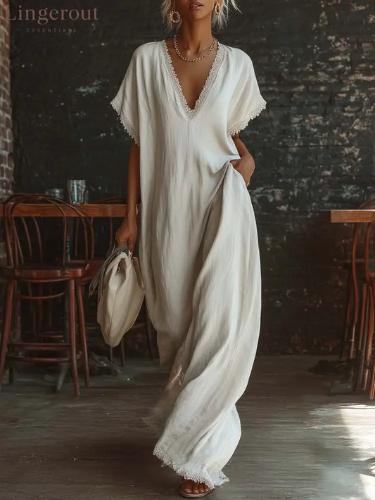 Casual Bohemian Urban V-neck Short-sleeved Lace Trim White Cotton Maxi Dress - White / S