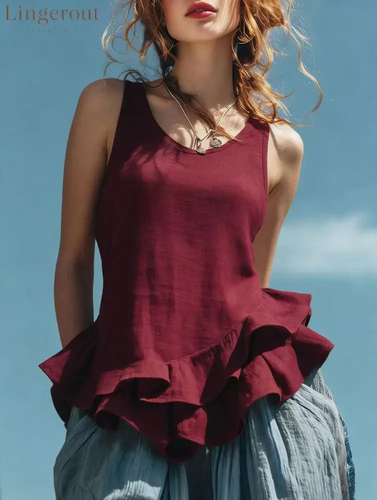 Casual Fashion Sleeveless Hem Ruffled Top - Claret / S