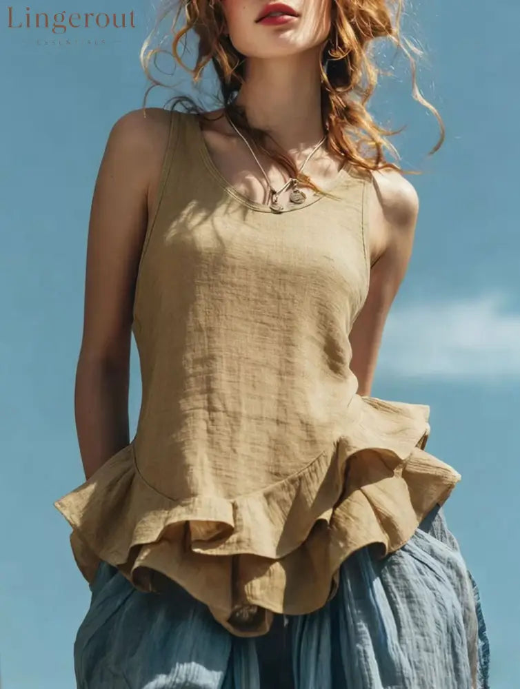 Casual Fashion Sleeveless Hem Ruffled Top - Khaki / S
