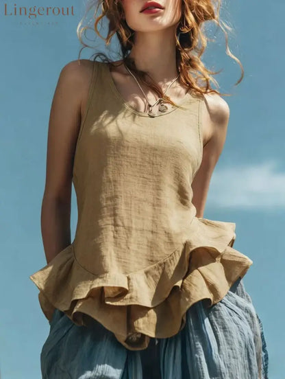 Casual Fashion Sleeveless Hem Ruffled Top - Khaki / S