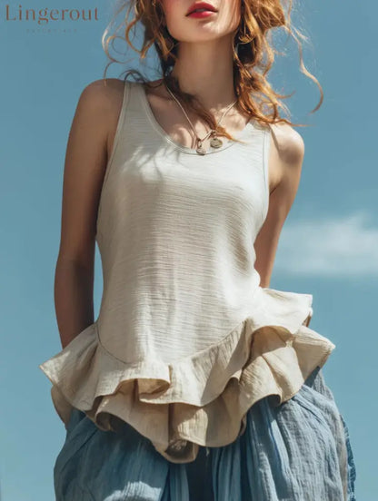 Casual Fashion Sleeveless Hem Ruffled Top - Off white / S