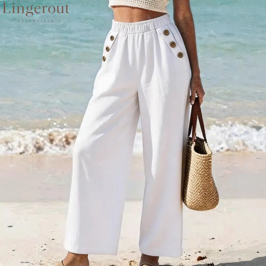 Casual High Waist Button Wide Leg Pants