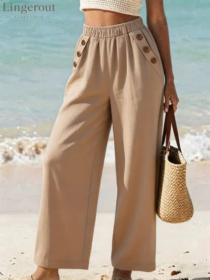 Casual High Waist Button Wide Leg Pants - Khaki / S