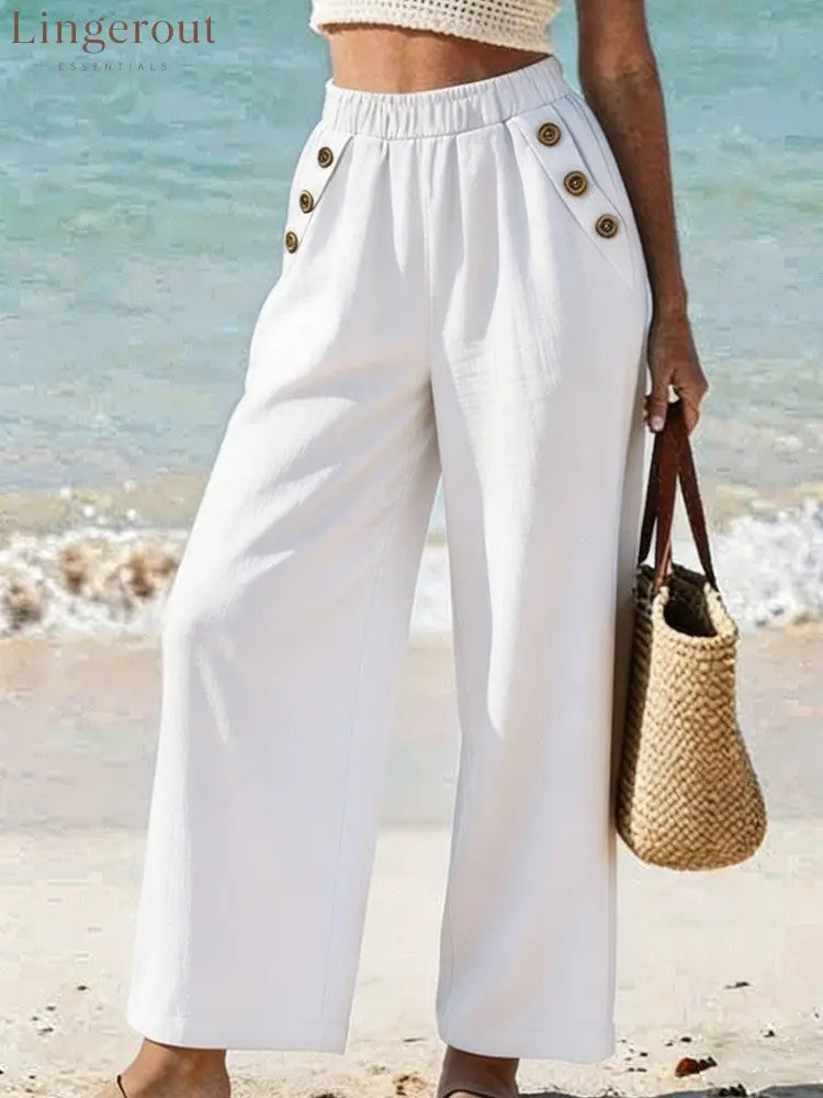 Casual High Waist Button Wide Leg Pants - White / S