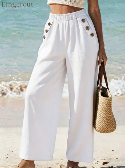 Casual High Waist Button Wide Leg Pants - White / S