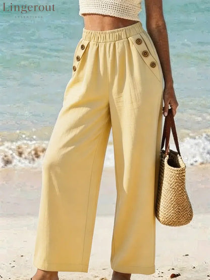 Casual High Waist Button Wide Leg Pants - Yellow / S