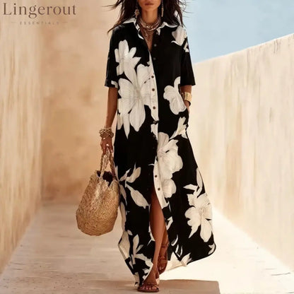 Casual Lapel Button Down Floral Long Dress