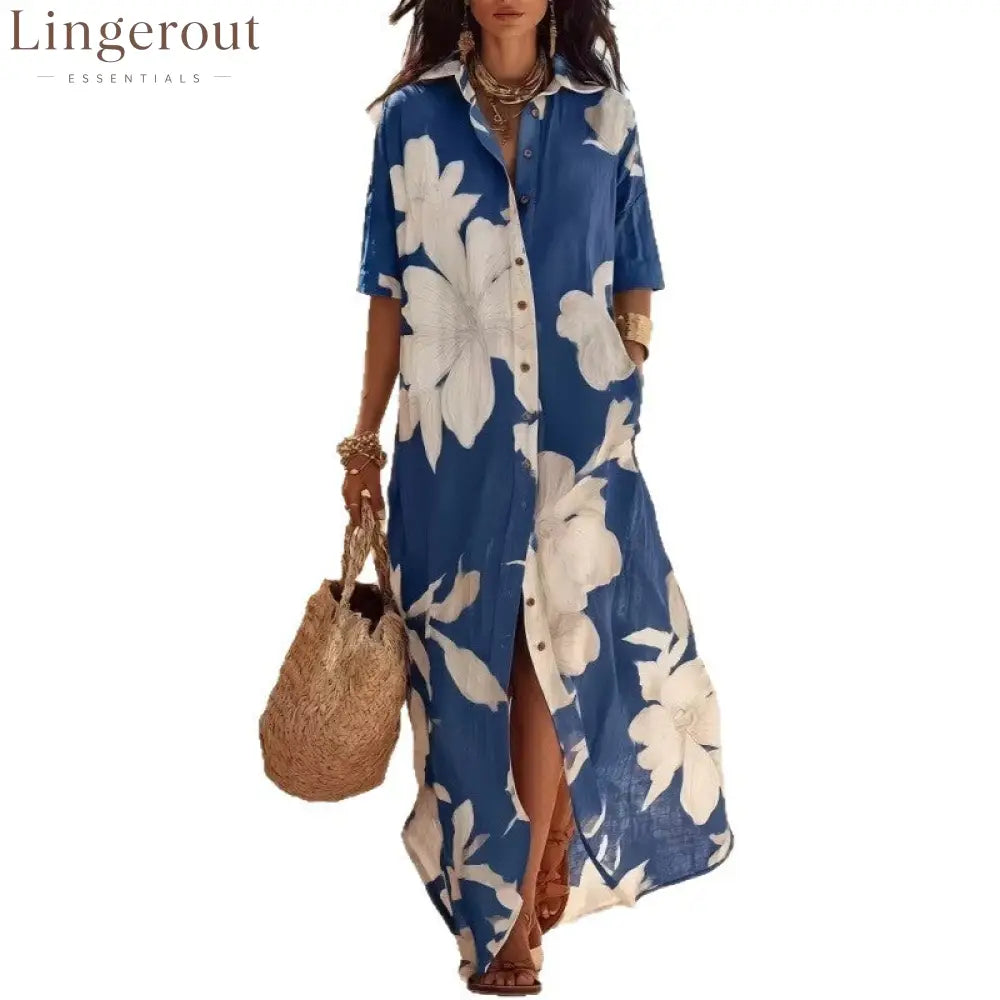 Casual Lapel Button Down Floral Long Dress